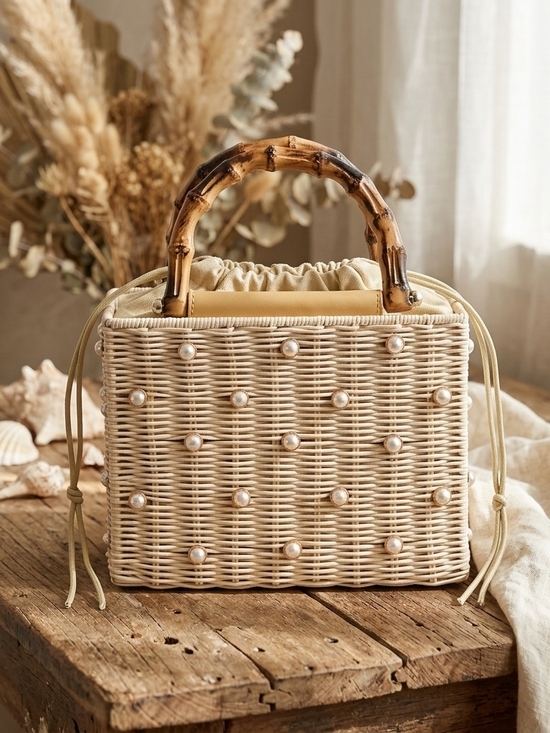 Handbags - Maxie Evening Women’s Pearl-Embellished Wicker Top-Handle Bag in Cream
